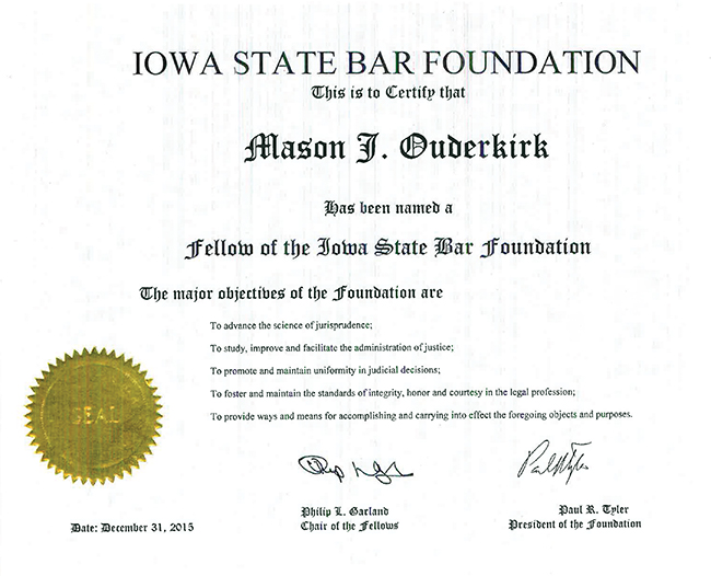 Iowa State Bar Foundation Certificate